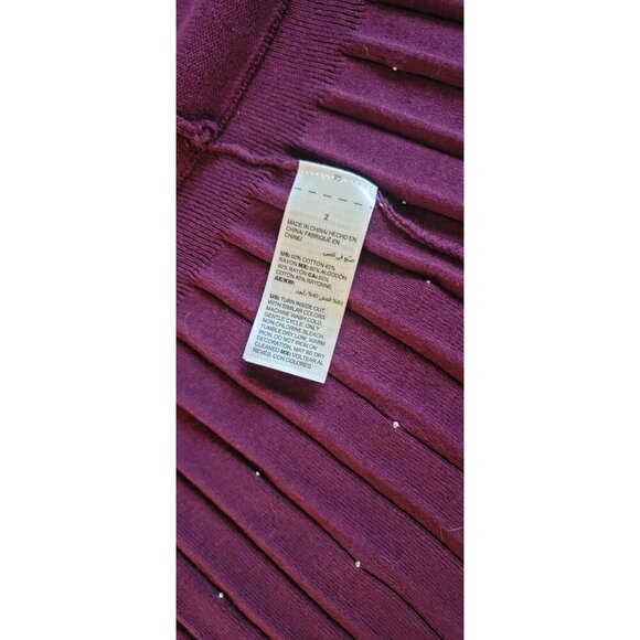 Chicos Pleated Faux Pearl Cardigan Maroon Large Flared Sleeves Open Front - Picture 9 of 10